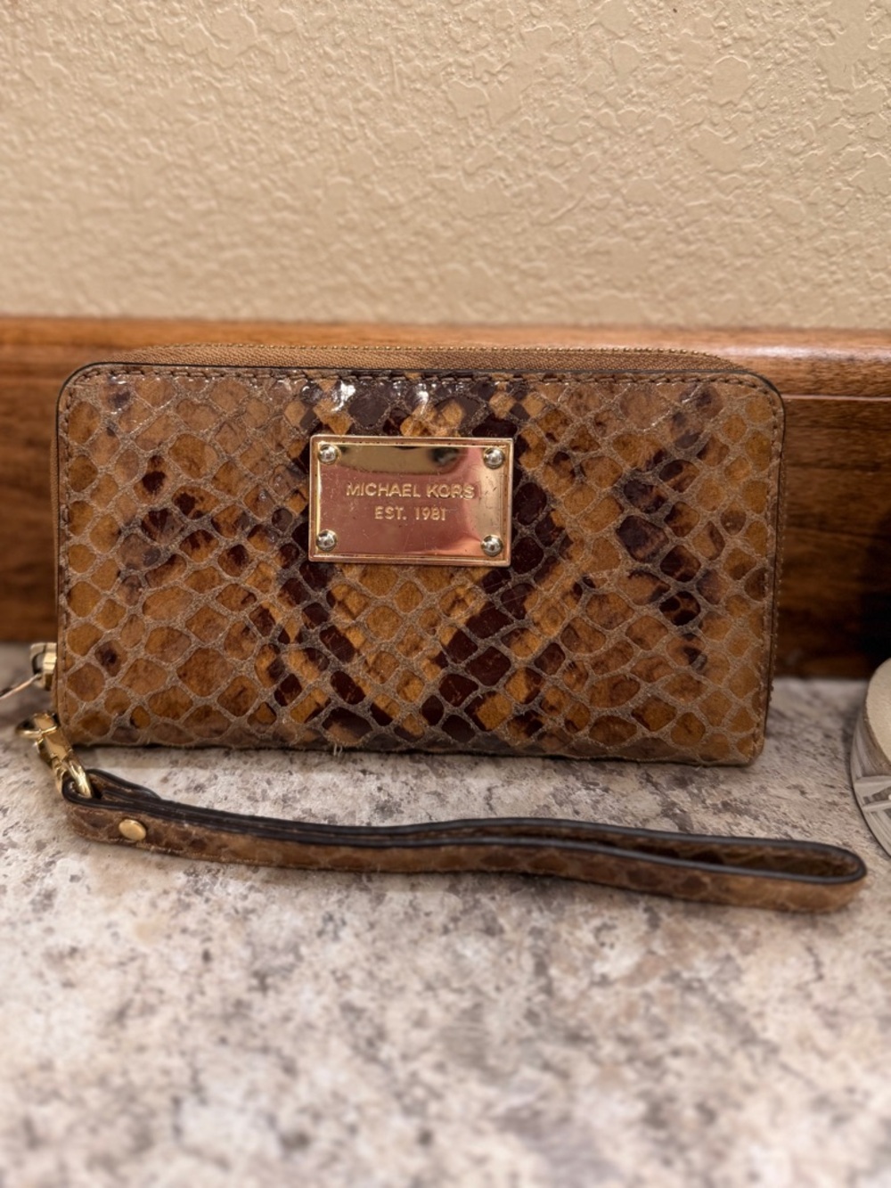 Michael Kors Tan and Brown Snakeskin Zip Wristlet
